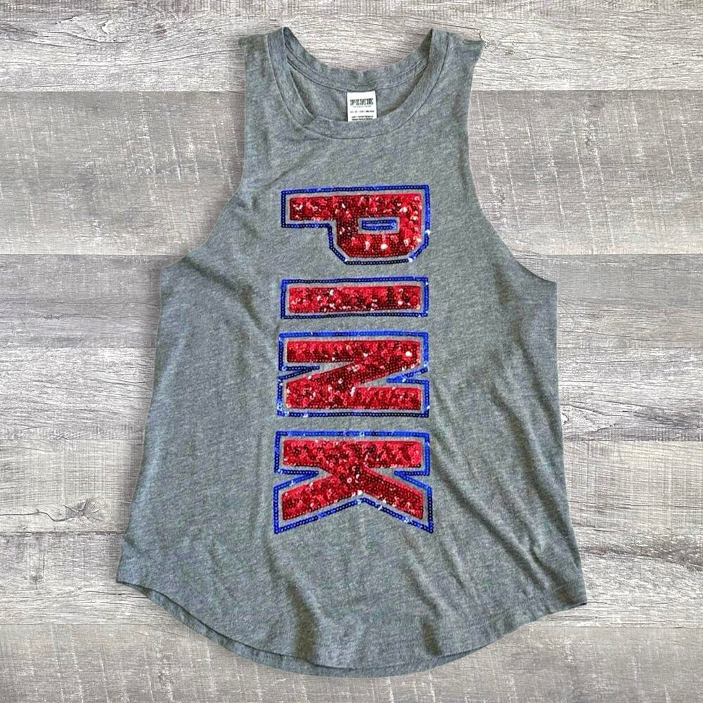 PINK Victorias Secret Sleeveless USA Grey Muscle Tank Womens XS Bling Sequins